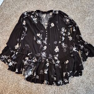 Free People Floral Ruffled Tunic Blouse Sz M GUC